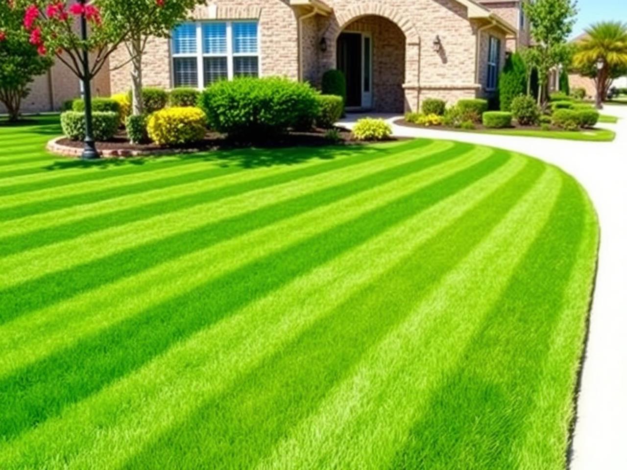 Freshly mowed striped green lawn