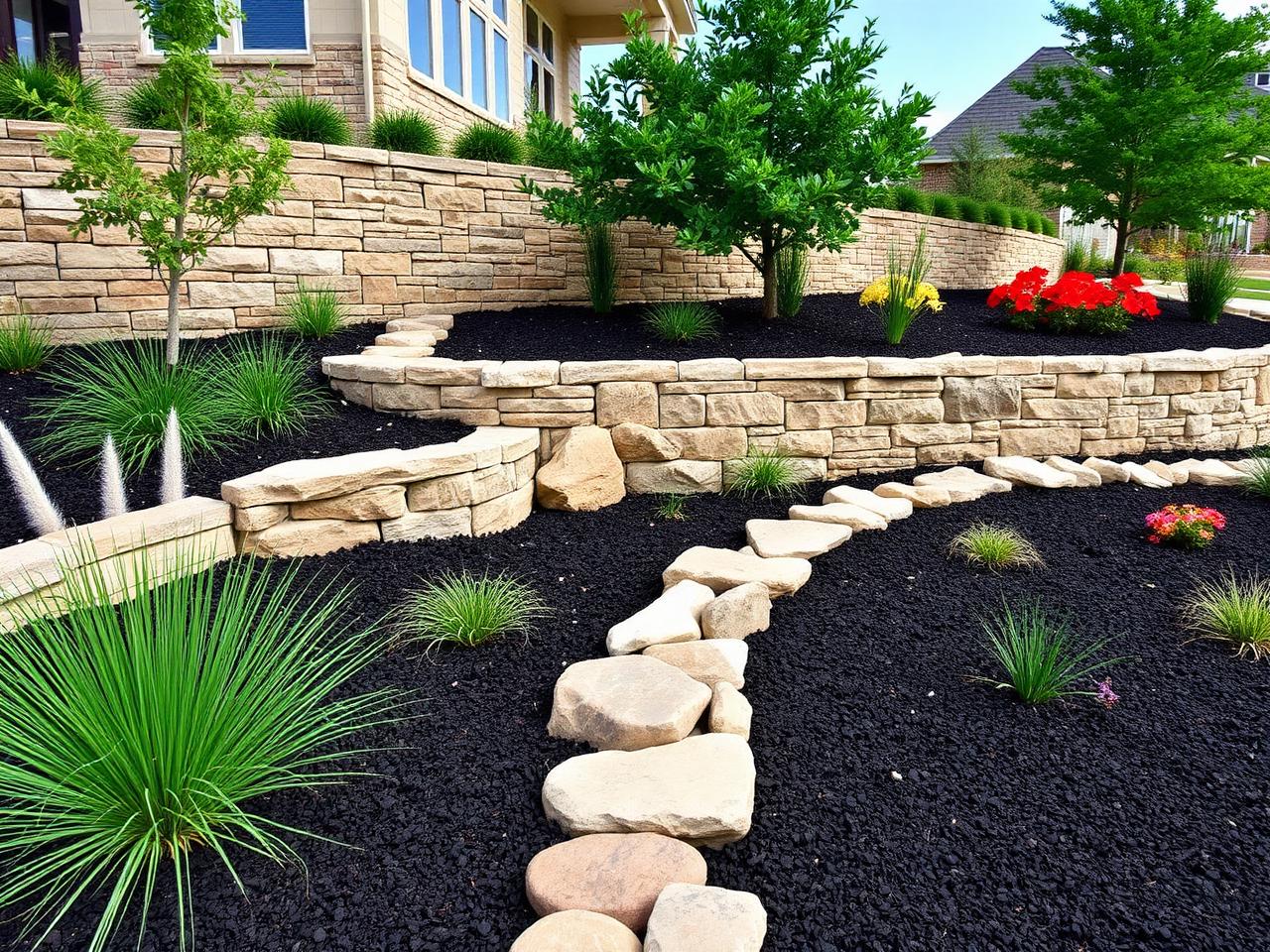 Stone retaining wall and mulch beds